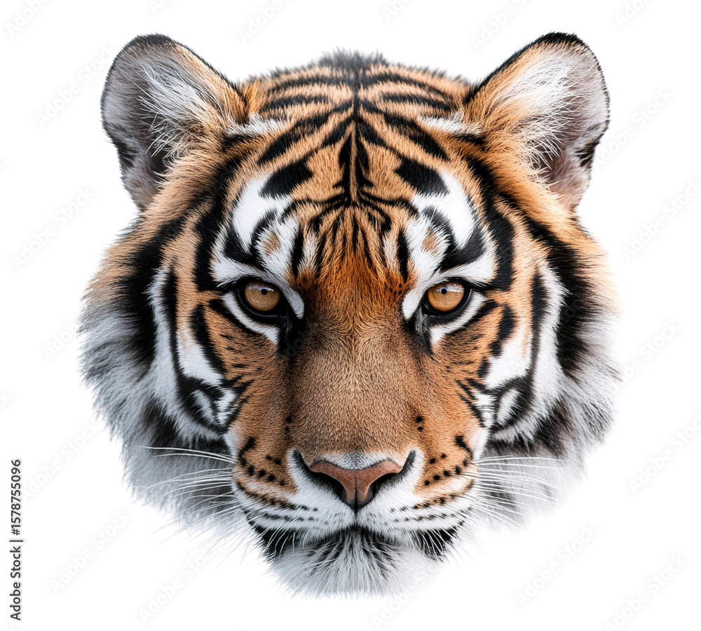 Fototapeta premium A tiger's face is shown in full view, with its eyes open and its mouth closed