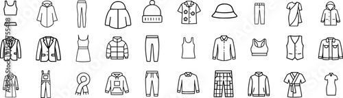 Clothing Stroke Icon Collection Containing Coats, Sweaters, Hats, Scarves, Boots, Gloves, and more. Editable Stroke Icons. Outline Design Set.
