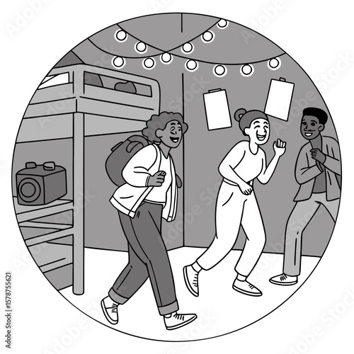 Three students in a dorm room with a bunk bed and string lights, smiling and laughing together in monochrome