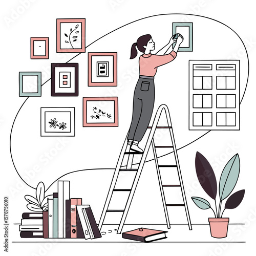 A woman on a ladder hangs a picture frame on the wall surrounded by books and a potted plant indoors