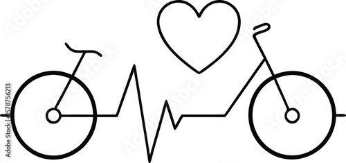 Stylized bicycle silhouette with a heart and electrocardiogram line representing health and cycling