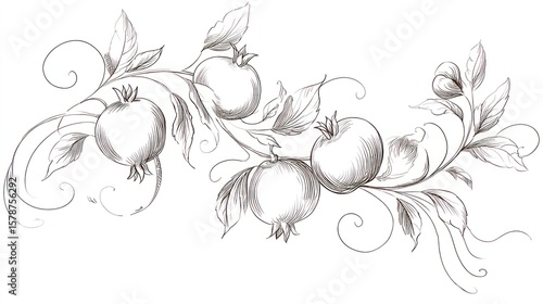 Ornate pomegranate branch drawing