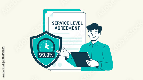 it manager presenting service level agreement with uptime guarantee shield, vector illustration for business contract assurance and it service management