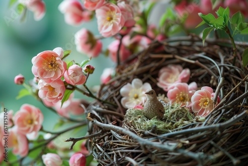 Small bird finds refuge in its nest, surrounded by delicate pink flowers in full bloom, creating a serene springtime scene