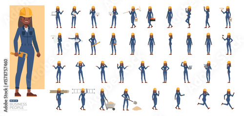 Big Set of Women worker wearing blue jumpsuit character vector illustration design. Women working and presentation in various action.