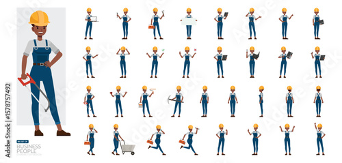 Big Set of Woman construction worker wear blue repairman apron character vector illustration design. Women working and presentation in various action.