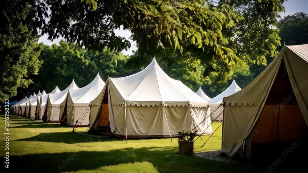 Row of white pointed canvas tents set on green grass lawn, large outdoor camping or festival event setup against trees, sunlight Row of white pointed canvas tents set on green grass lawn, large outdoor camping or festival event setup against trees, sunlight