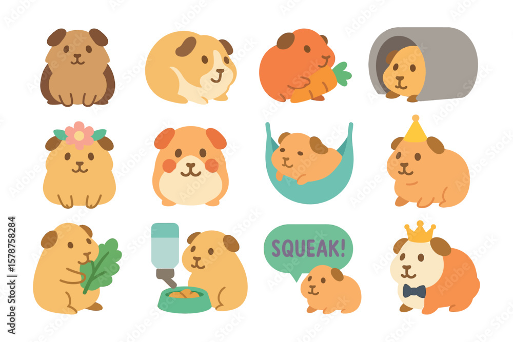 Fototapeta premium Guinea Pig Appreciation Day Cute Cartoon Icon Set with Pet Illustrations and Decorations