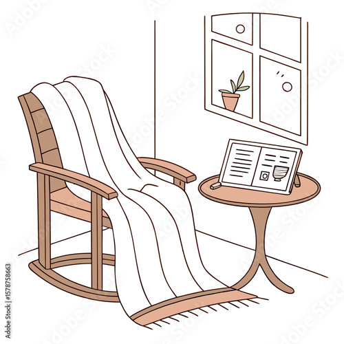 Illustration of a rocking chair draped with a blanket next to a table with a book and a window view