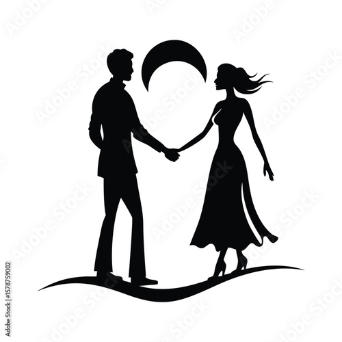 Black and white silhouette of a couple dancing under a crescent moon, perfect for romance, love, or night-themed art and design projects