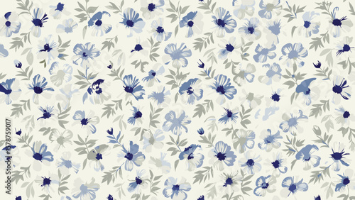 Floral pattern with blue and gray flowers and leaves scattered on a light cream colored background