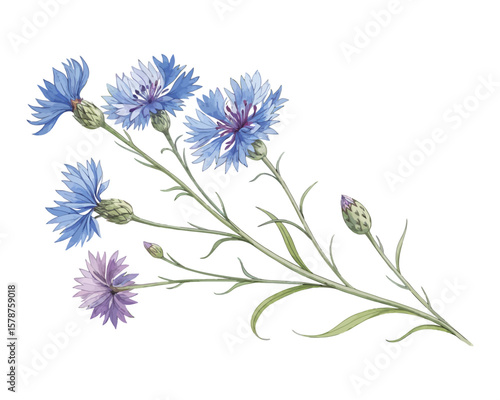 watercolor Cornflower branch vector illustration isolated on white background