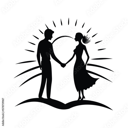 Black and white silhouette of a couple holding hands under a radiant sun, ideal for love, unity, or sunrise-themed art and design projects