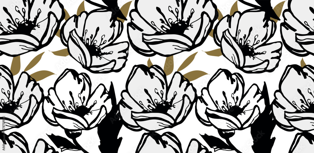 Fototapeta premium Elegant seamless vector pattern featuring hand-drawn black and white poppy flowers with gold leaves. Perfect for textile, wallpaper, and surface design. 