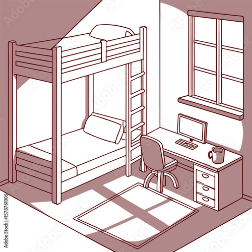 Illustration of a dorm room with a bunk bed desk computer window and rug in a minimalist style design
