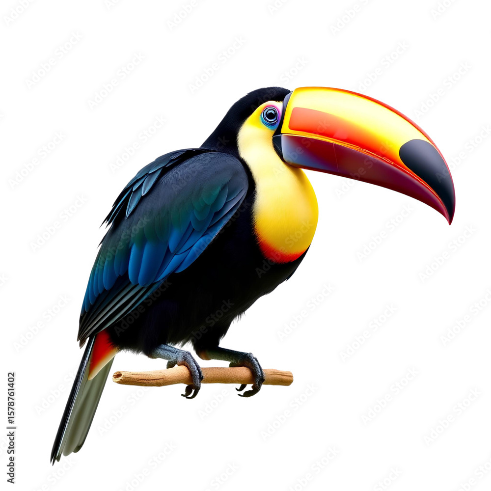 Obraz premium A Keel-billed Toucan, showingcasing its enormous, rainbow-colored beak, sitting on a perch, isolated on a white background, 1:1 aspect ratio, vibrant.