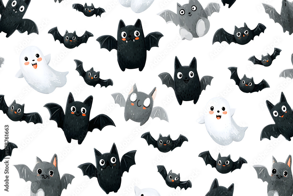 Obraz premium Bat seamless pattern Halloween Dracula Vampire ghost cartoon illustration gift wrap white design. Ghost seamless pattern. Halloween spooky cartoon bat wing tile background