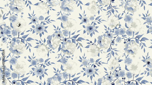 Floral pattern with blue and white flowers and leaves on a light background in a repeating design style