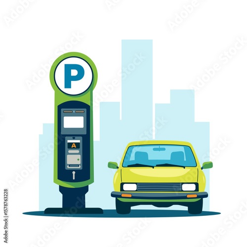 Green car parked beside parking meter in urban setting  