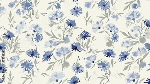 Delicate floral pattern featuring blue cornflowers and subtle gray leaves in a seamless repeat design