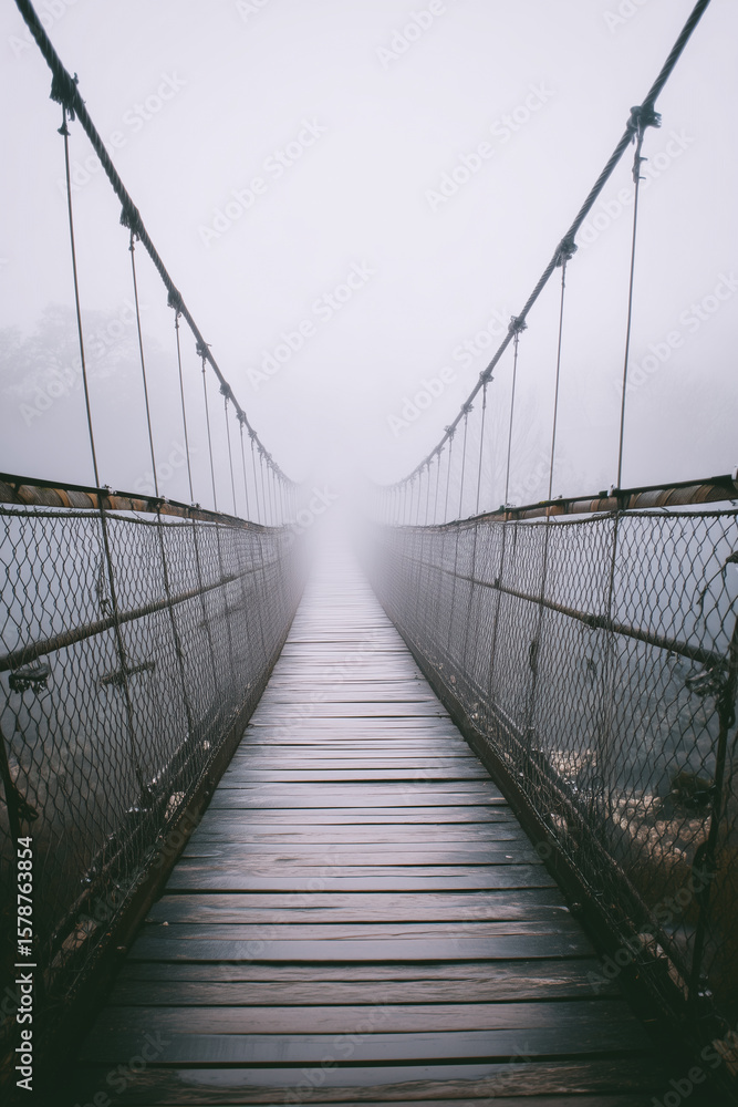 Fototapeta premium Misty Suspension Bridge Vanishing into Fog