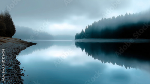 Fototapeta Naklejka Na Ścianę i Meble -  Misty lake with forest reflection