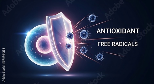 Antioxidant shield protecting cell from free radicals and pathogens in a dark backdrop