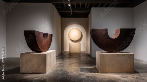 Modern Art Exhibition with Abstract Sculptures in Minimalist Space