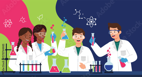 Young scientists performing chemistry experiments in lab