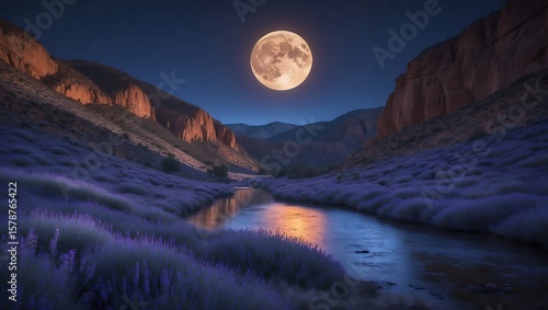 River Flows Through Canyon Under Full Moon and Starry Night