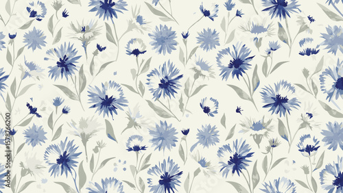 A repeating pattern of blue cornflowers and grey leaves on a white background creating a floral design