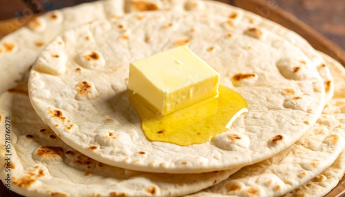 Stacked flatbreads topped with melted butter