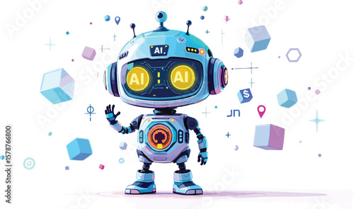 Friendly artificial intelligence robot concept with colorful cubes and technical design elements.