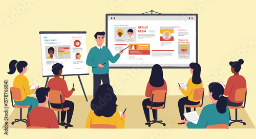 Business training seminar with diverse team and presentation