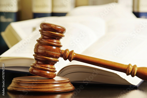 Fotomural judge gavel mallet in foreground with law books in background unfocuseds