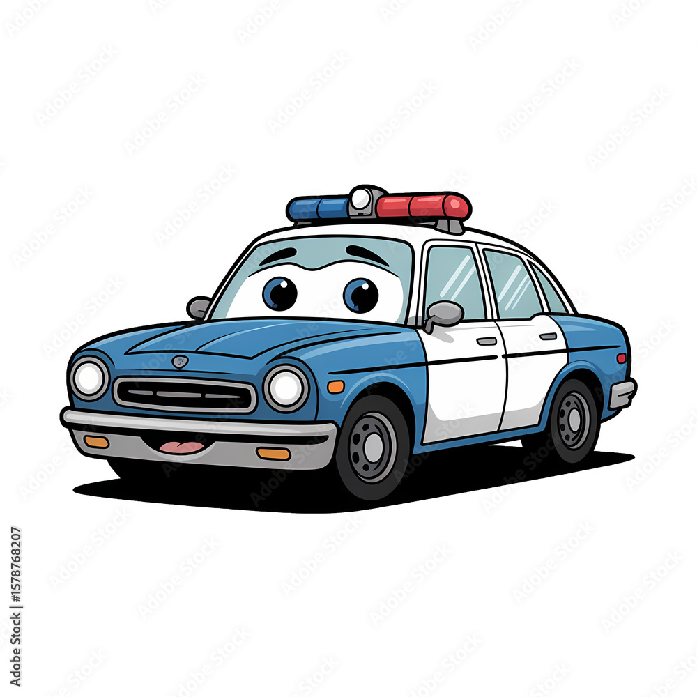 Cartoon police car with blue and white color scheme and smiling character expression on a clear background Cartoon police car with blue and white color scheme and smiling character expression on a clear background