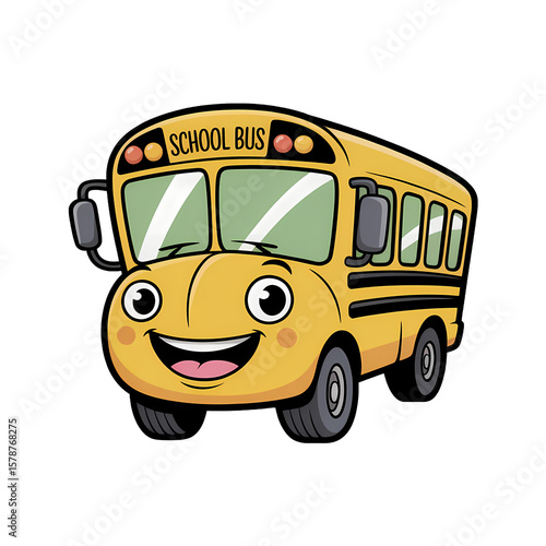 Bright yellow cartoon school bus with a friendly face and cheerful expression ready for children to board before school time
