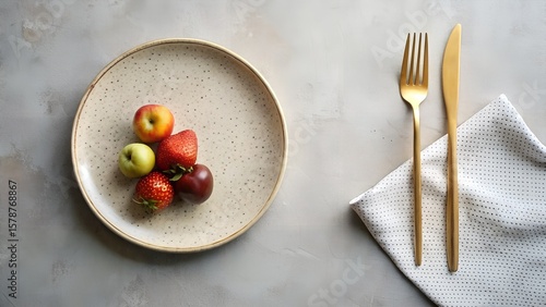 Overhead shot of fruit on a plate with gold cutlery and a patterned white napkin on a gray surface