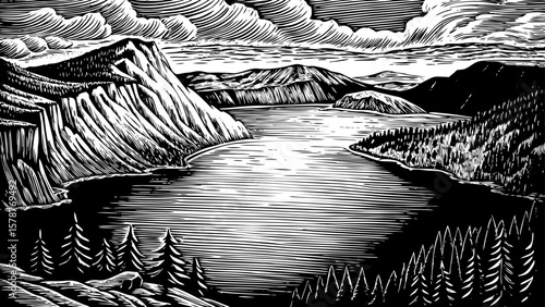 Crater Lake, Oregon’s volcanic lake with steep caldera walls and deep blue waters, illustrated in a clean black and white line art style for geological, travel, and educational purposes