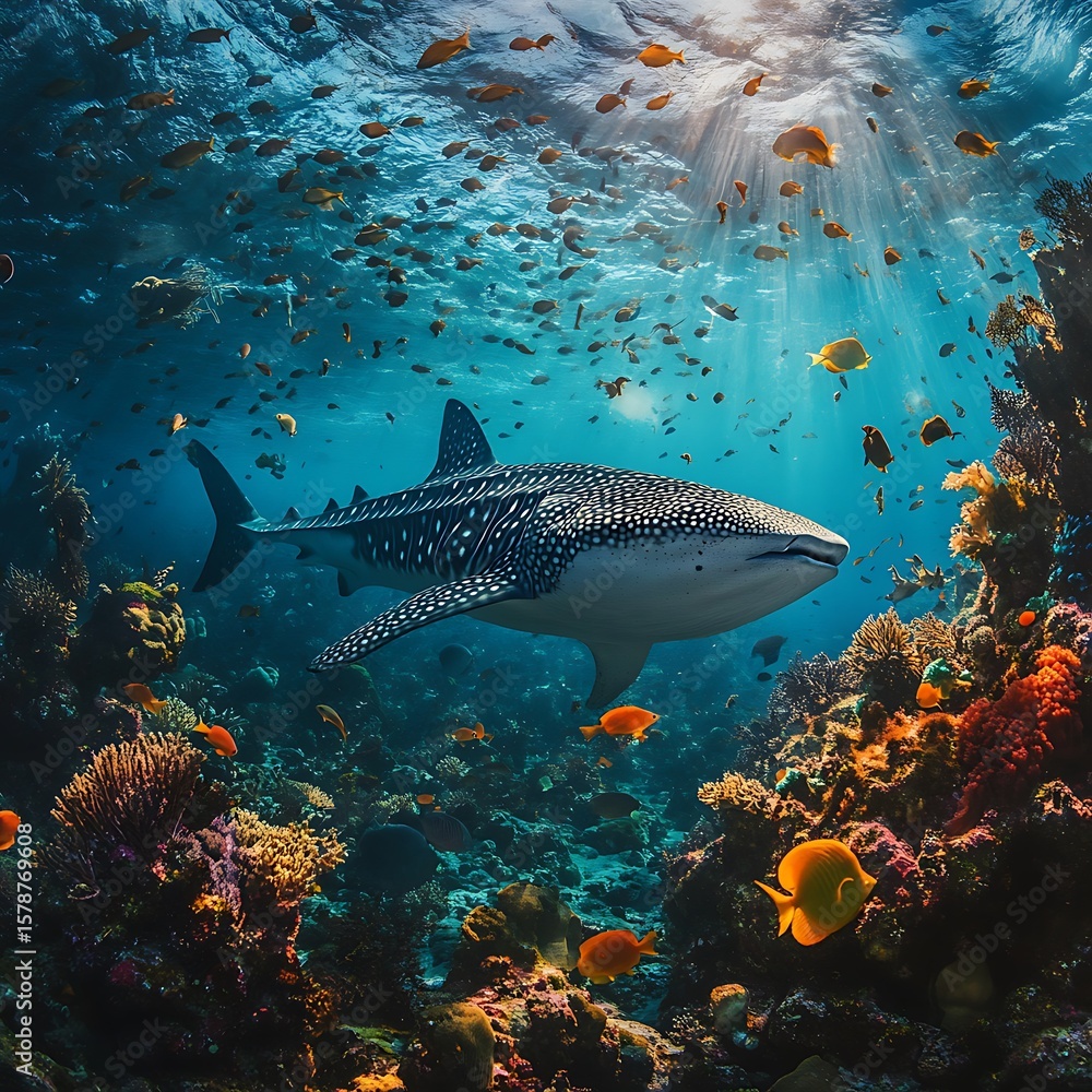 Fototapeta premium Giant whale shark glides through ocean reef high resolution picture