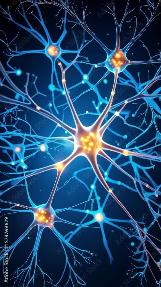Illustration of neurons transmitting signals, abstract nerve cell network with glowing synapse connections in bright colors, detailed scientific study Illustration of neurons transmitting signals, abstract nerve cell network with glowing synapse connections in bright colors, detailed scientific study