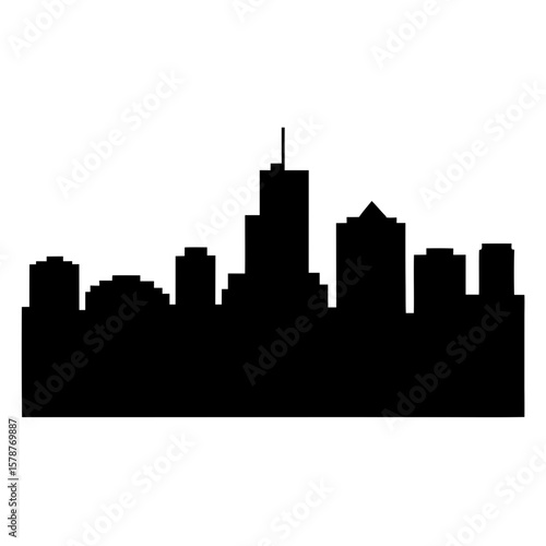 Black Silhouette of a City Skyline with Skyscrapers, A black silhouette of a city skyline featuring several skyscrapers, symbolizing urban life and modern architecture.
