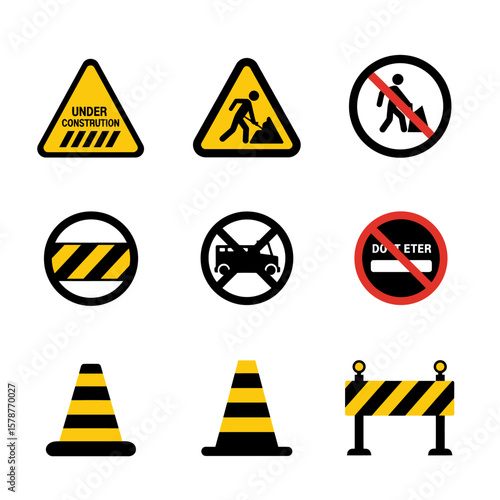 Collection of various vector road signs including construction, pedestrian prohibition, vehicle prohibition, and traffic cones, useful for safety and awareness campaigns.