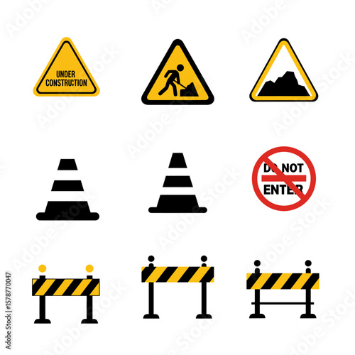 Collection of construction and warning signs including cones, barriers, and hazard symbols for safety and road work.