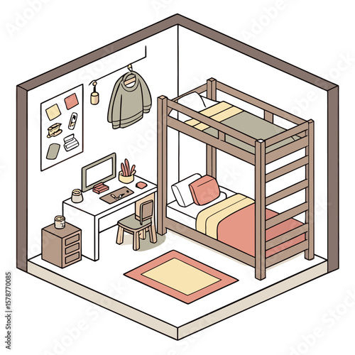 Isometric view of a dorm room with a bunk bed desk and computer chair and a rug on the floor in a room