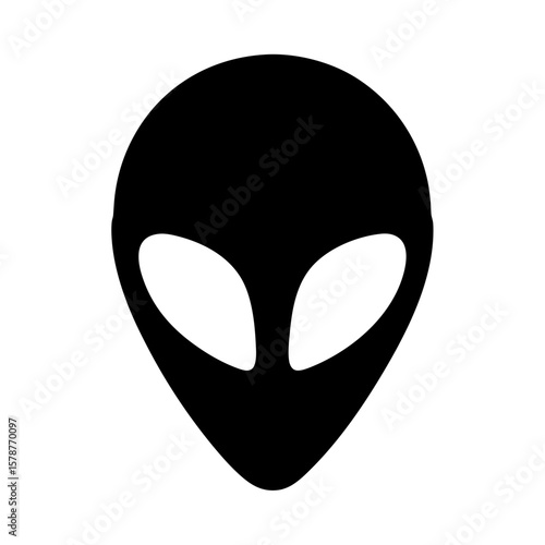 Simple Black Alien Head Silhouette with Large Oval Eyes on White Background