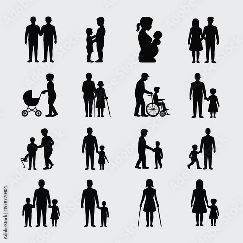 Sixteen Black Silhouettes Depicting Diverse Family Groups Including Parents Children Seniors Individuals with Disabilities and a Pregnant Woman