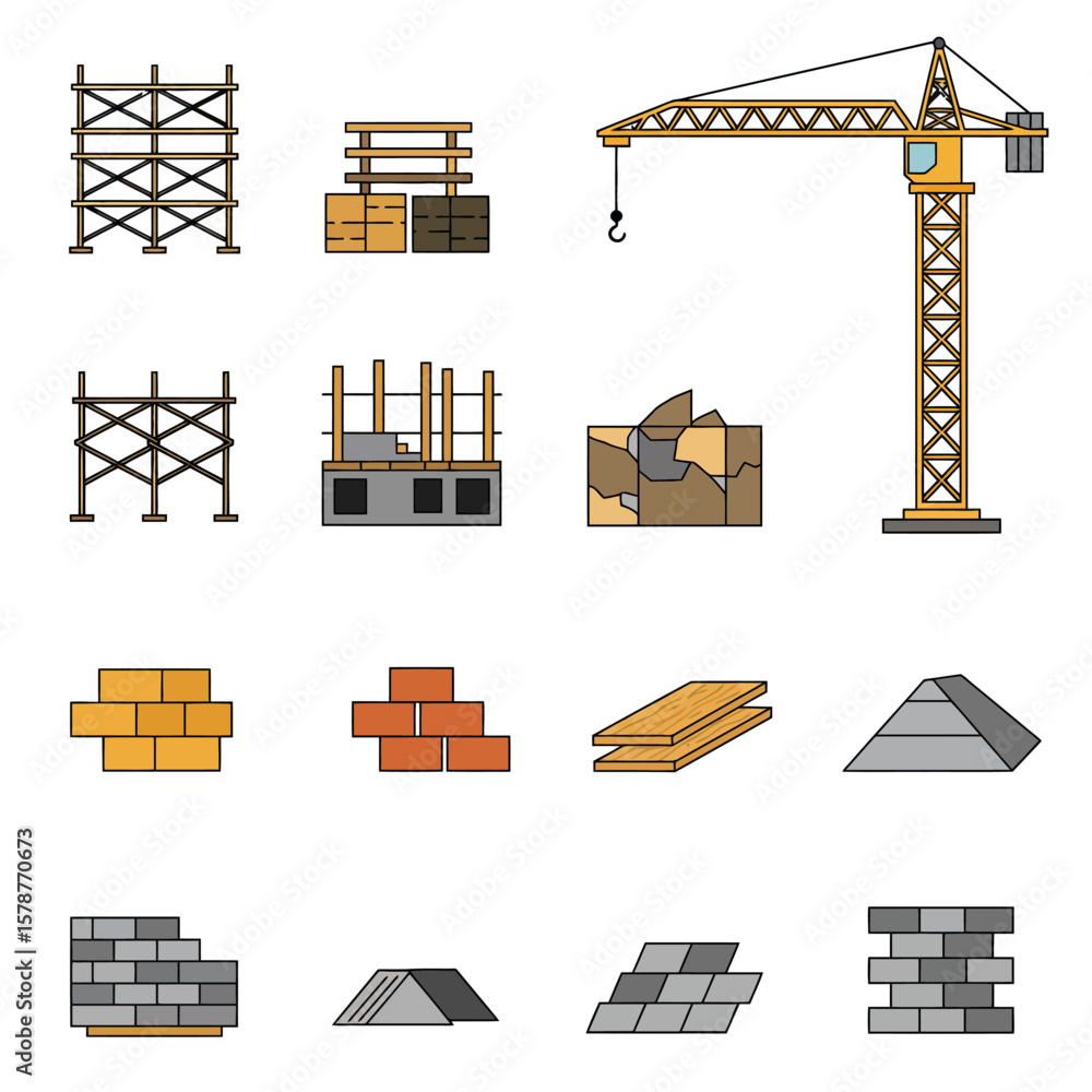Fototapeta premium Construction site icons set: crane, scaffolding, bricks, wood, concrete, and other building materials, perfect for construction, architecture, and engineering projects, websites, and presentations.