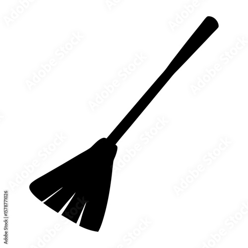 Black Silhouette of a Broom, A black silhouette of a broom with a long handle and bristles at the end, used for sweeping.
