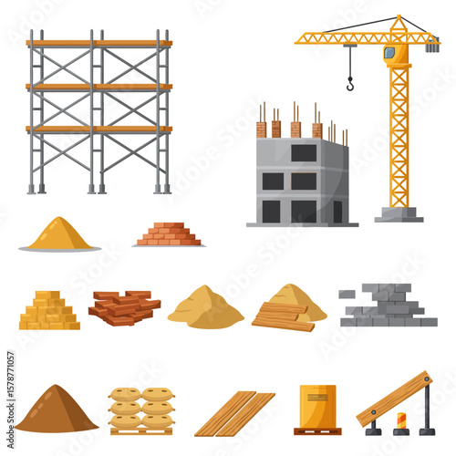 Construction site elements including scaffolding, crane, building in progress, piles of sand, bricks, and lumber, illustrating development.